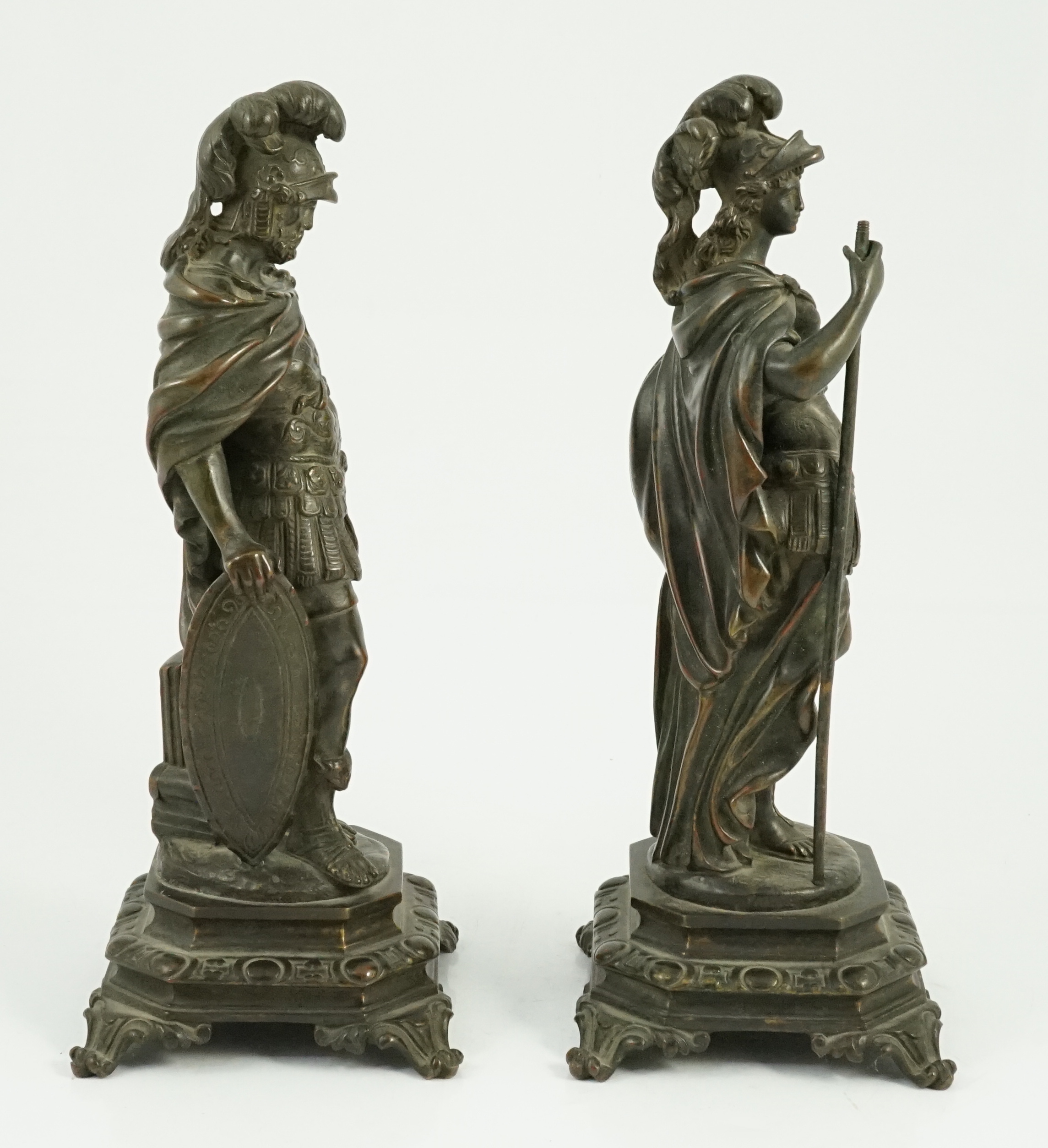 After Auguste Moreau (French, 1834-1917). A pair of 19th century bronze figures representing Pallas Athena/ Minerva and Ares/ Mars, 11cm wide, 11cm deep, 29cm high